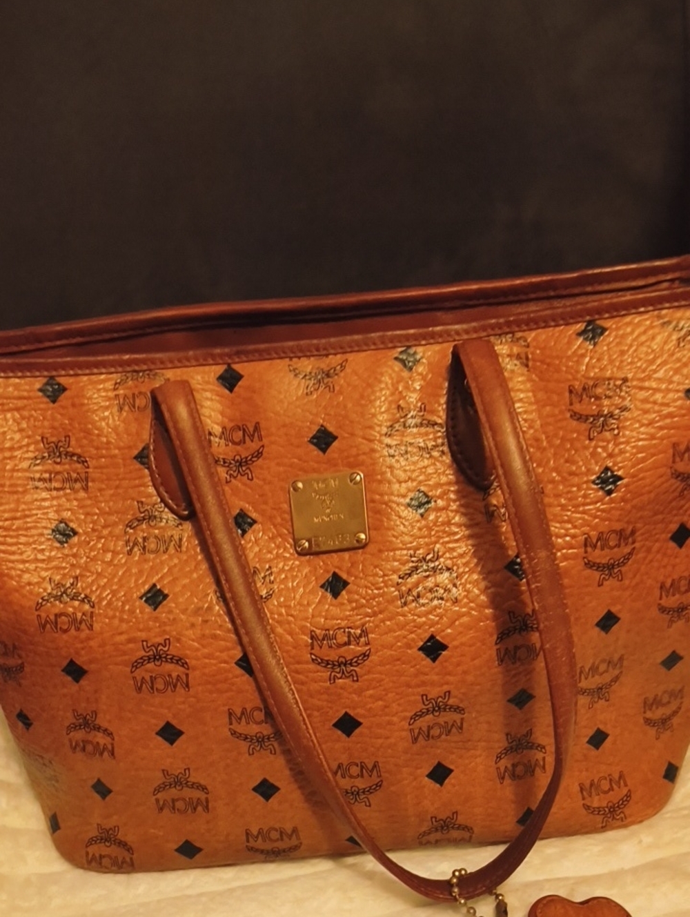 Pre-owned Original MCM Cognac Visetos Monogram Tote with Gold Plaque